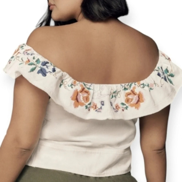 Pilcro Embellished Ruffle Collar Top 3X White Embroidery Rose Bird Cropped - Picture 2 of 8